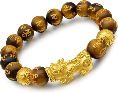 Angushiny 12mm Feng Shui Black Obsidian Wealth Bracelet Multicolour options Natural Tiger Eye Agate Crystal Handmade Beaded Bracelets Pixiu Attract Wealth Power For Men (b. Brown Tiger Eye Mantra) in Saudi Arabia