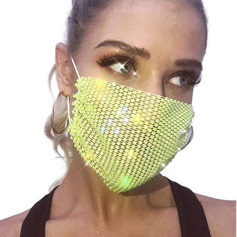 Urieo Sparkly Rhinestone Mesh Mask Yellow Crystal Bling Masks Ball Party Nightclub for Women and Girls in Kuwait