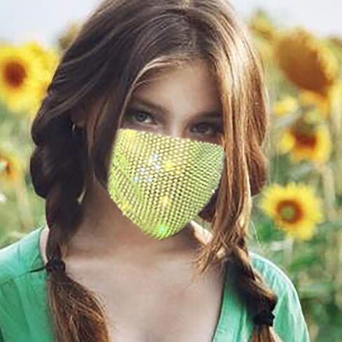 Urieo Sparkly Rhinestone Mesh Mask Yellow Crystal Bling Masks Ball Party Nightclub for Women and Girls in Kuwait