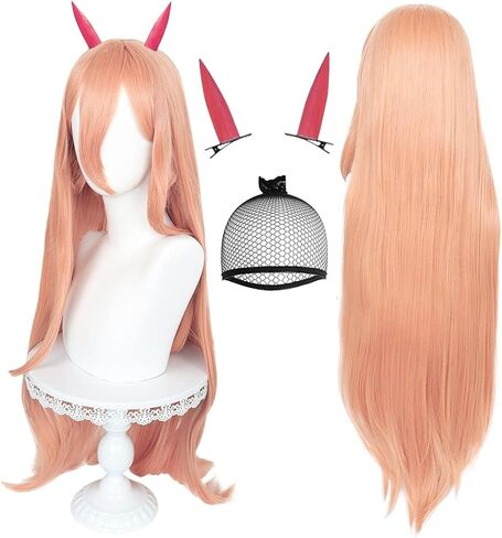 JoneTing Light Orange Wig【+Wig Cap +2 Horns】 Power Wig for Girls Long Anime Cosplay Wig With Bangs Synthetic Long Straight Wig for Anime Cosplay Party Halloween Cosplay in Kuwait