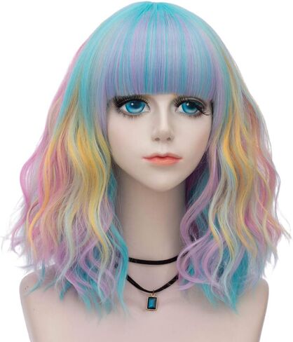 شعر مستعار لوليتا مجعد قصير 40 سم من مجموعة سويتي راينبو للسيدات من بروبيوتي + قبعة شعر مستعار (يونيكورن كاندي B) in Kuwait
