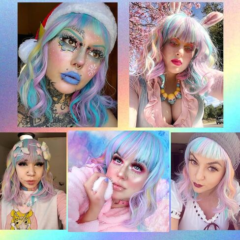 شعر مستعار لوليتا مجعد قصير 40 سم من مجموعة سويتي راينبو للسيدات من بروبيوتي + قبعة شعر مستعار (يونيكورن كاندي B) in Kuwait