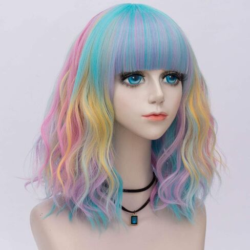 شعر مستعار لوليتا مجعد قصير 40 سم من مجموعة سويتي راينبو للسيدات من بروبيوتي + قبعة شعر مستعار (يونيكورن كاندي B) in Kuwait