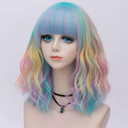 شعر مستعار لوليتا مجعد قصير 40 سم من مجموعة سويتي راينبو للسيدات من بروبيوتي + قبعة شعر مستعار (يونيكورن كاندي B) in Kuwait