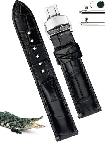 18mm Black Alligator Belly Leather Watch Band Deployment Clasp Men Quick Release Crocodile Exotic Replacement Wristwatch Strap Premium Handmade DH-01D-S-18MM in Kuwait