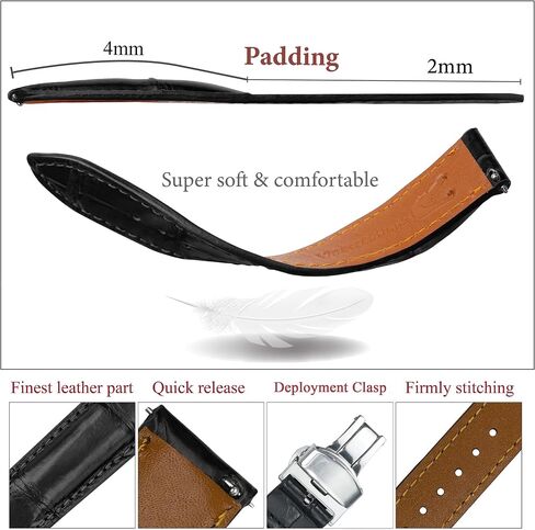 18mm Black Alligator Belly Leather Watch Band Deployment Clasp Men Quick Release Crocodile Exotic Replacement Wristwatch Strap Premium Handmade DH-01D-S-18MM in Kuwait