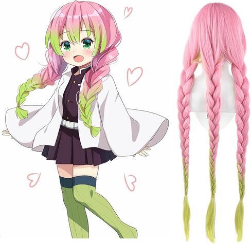 Ccfurwo Long Wigs for Mitsuri Cosplay Girls Braided Wigs for Kanroji Mitsuri Costume Anime Cute Soft Synthetic Wig with Wig Caps CC027C in Kuwait