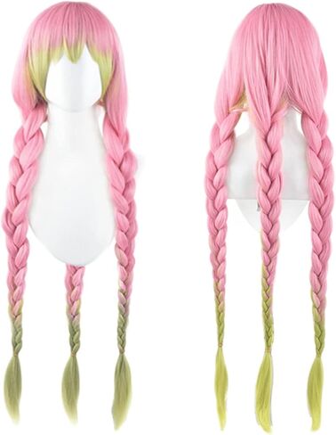 Ccfurwo Long Wigs for Mitsuri Cosplay Girls Braided Wigs for Kanroji Mitsuri Costume Anime Cute Soft Synthetic Wig with Wig Caps CC027C in Kuwait