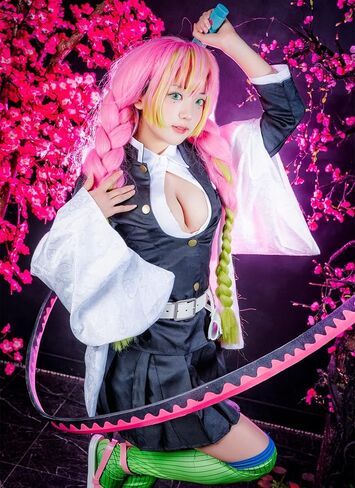 Ccfurwo Long Wigs for Mitsuri Cosplay Girls Braided Wigs for Kanroji Mitsuri Costume Anime Cute Soft Synthetic Wig with Wig Caps CC027C in Kuwait