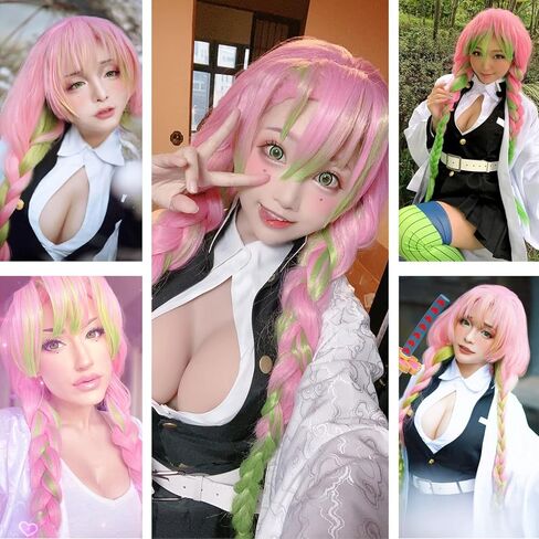 Ccfurwo Long Wigs for Mitsuri Cosplay Girls Braided Wigs for Kanroji Mitsuri Costume Anime Cute Soft Synthetic Wig with Wig Caps CC027C in Kuwait