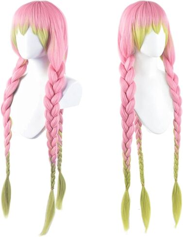 Ccfurwo Long Wigs for Mitsuri Cosplay Girls Braided Wigs for Kanroji Mitsuri Costume Anime Cute Soft Synthetic Wig with Wig Caps CC027C in Kuwait