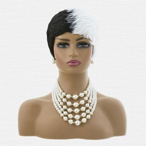 MOONSHOW Short Wigs for Black Women Black and White Wig Short Pixie Cut Wig for Women Half Black Half White Wig Short Layered Hairstyles Pixie Wig Synthetic Cosplay Wig in Saudi Arabia