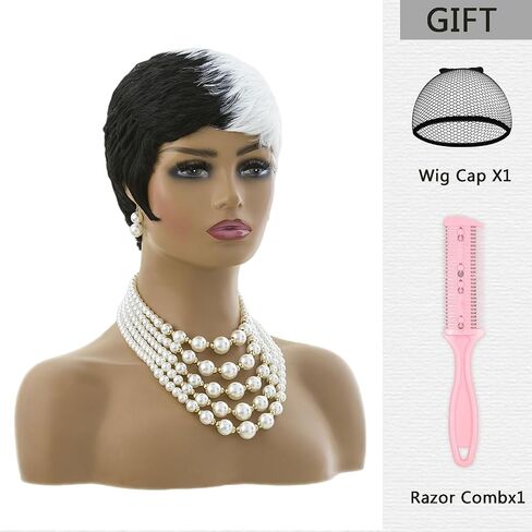 MOONSHOW Short Wigs for Black Women Black and White Wig Short Pixie Cut Wig for Women Half Black Half White Wig Short Layered Hairstyles Pixie Wig Synthetic Cosplay Wig in Saudi Arabia