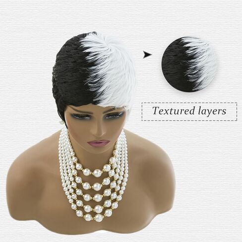 MOONSHOW Short Wigs for Black Women Black and White Wig Short Pixie Cut Wig for Women Half Black Half White Wig Short Layered Hairstyles Pixie Wig Synthetic Cosplay Wig in Saudi Arabia