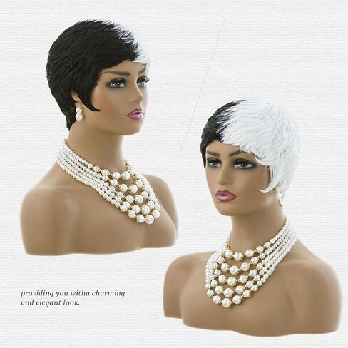 MOONSHOW Short Wigs for Black Women Black and White Wig Short Pixie Cut Wig for Women Half Black Half White Wig Short Layered Hairstyles Pixie Wig Synthetic Cosplay Wig in Saudi Arabia