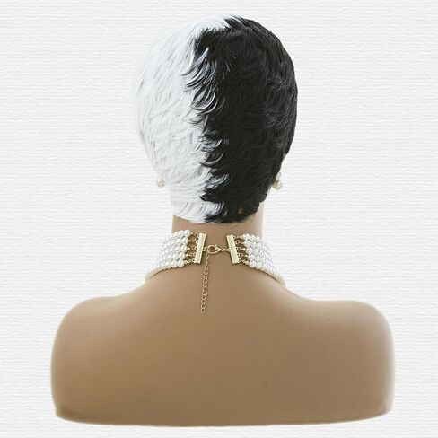 MOONSHOW Short Wigs for Black Women Black and White Wig Short Pixie Cut Wig for Women Half Black Half White Wig Short Layered Hairstyles Pixie Wig Synthetic Cosplay Wig in Saudi Arabia