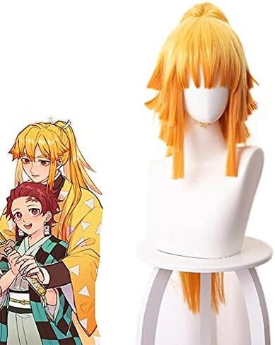 Zenitsu Cosply Wig Demon Slayer Costume Wig Female Long Anime Wig Kimetsu No Yaiba Wig with Free Hair Net Ponytail Synthetic for Anime Cosplay in Kuwait