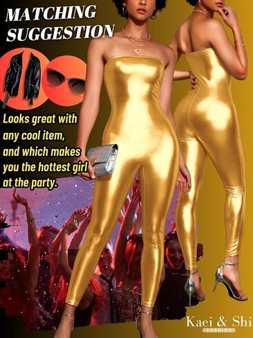 Kaei&Shi Sexy Metallic Jumpsuit, Shiny Faux Leather, Concert Club Outfits in Saudi Arabia