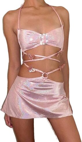 LUDRESS 2 قطعة تنورة وردية مجموعة الدانتيل يصل بريق المحاصيل الأعلى مثير نادي تنورة صغيرة الهذيان الرسن العلوي التألق قطع علوية للنساء in Kuwait