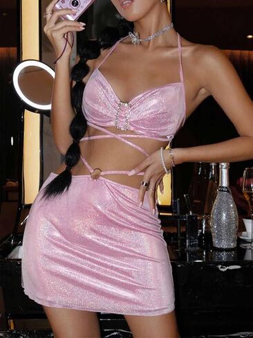 LUDRESS 2 قطعة تنورة وردية مجموعة الدانتيل يصل بريق المحاصيل الأعلى مثير نادي تنورة صغيرة الهذيان الرسن العلوي التألق قطع علوية للنساء in Kuwait