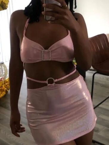 LUDRESS 2 قطعة تنورة وردية مجموعة الدانتيل يصل بريق المحاصيل الأعلى مثير نادي تنورة صغيرة الهذيان الرسن العلوي التألق قطع علوية للنساء in Kuwait