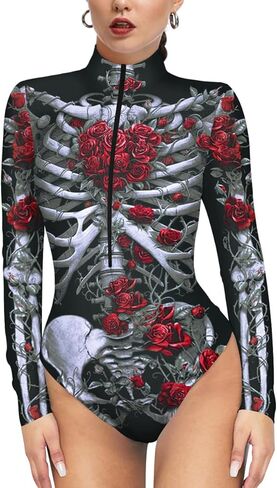 الهيكل العظمي زي المرأة الهيكل العظمي ارتداءها مثير هالوين ازياء طويلة الأكمام قمم الجمجمة in Kuwait