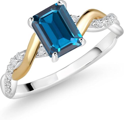 Gem Stone King 925 Silver and 10K Yellow Gold London Blue Topaz and White Lab Grown Diamond Engagement Ring For Women (1.28 Cttw, Gemstone Birthstone, Available In Size 5, 6, 7, 8, 9) in Saudi Arabia