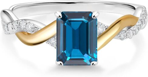 Gem Stone King 925 Silver and 10K Yellow Gold London Blue Topaz and White Lab Grown Diamond Engagement Ring For Women (1.28 Cttw, Gemstone Birthstone, Available In Size 5, 6, 7, 8, 9) in Saudi Arabia