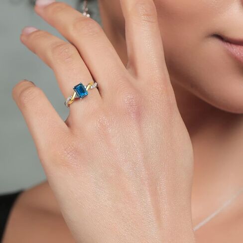 Gem Stone King 925 Silver and 10K Yellow Gold London Blue Topaz and White Lab Grown Diamond Engagement Ring For Women (1.28 Cttw, Gemstone Birthstone, Available In Size 5, 6, 7, 8, 9) in Saudi Arabia