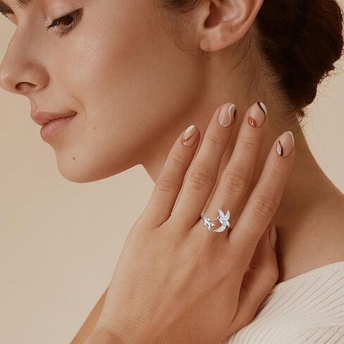Hummingbird Leaf Ring for Women S925 Sterling Silver Birthstone Ring Adjustable Open Rings Jewelry Birthday Gifts in Saudi Arabia