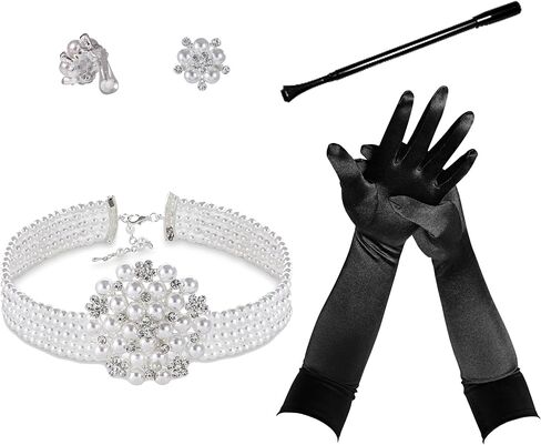 Audrey Hepburn Style Inspired Breakfast at 4 piece Costume Jewelry accessories Set Vintage Necklace, Earrings, Long Black Cigarett Holder, Black Opera Gloves Earring Stud in Saudi Arabia