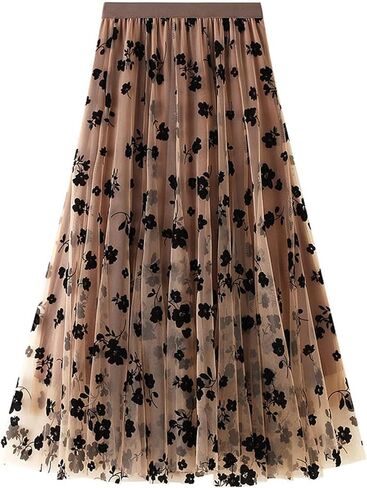 Women's Floral Print Mesh A-Line Midi Skirt 3D Posy Tulle Layered Skirt in Saudi Arabia
