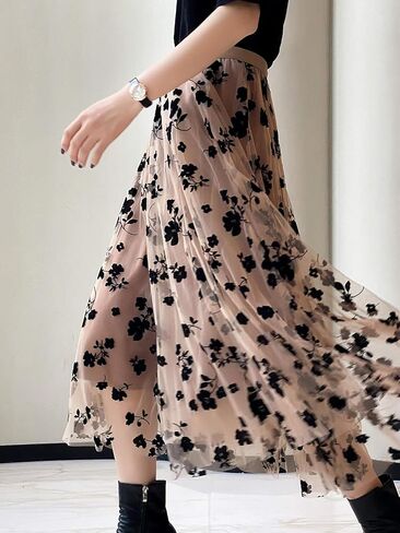 Women's Floral Print Mesh A-Line Midi Skirt 3D Posy Tulle Layered Skirt in Saudi Arabia