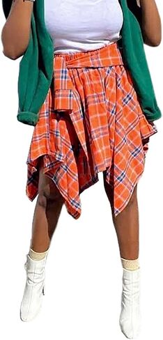 ALLUMK Women Casual Plaid Print Irregular Hem Mini Skirts High Waist A-Line Skirts with Belt in Saudi Arabia