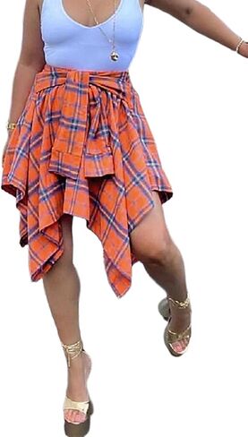 ALLUMK Women Casual Plaid Print Irregular Hem Mini Skirts High Waist A-Line Skirts with Belt in Saudi Arabia