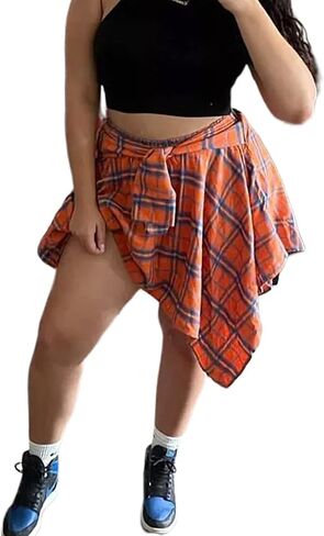 ALLUMK Women Casual Plaid Print Irregular Hem Mini Skirts High Waist A-Line Skirts with Belt in Saudi Arabia