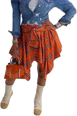 ALLUMK Women Casual Plaid Print Irregular Hem Mini Skirts High Waist A-Line Skirts with Belt in Saudi Arabia