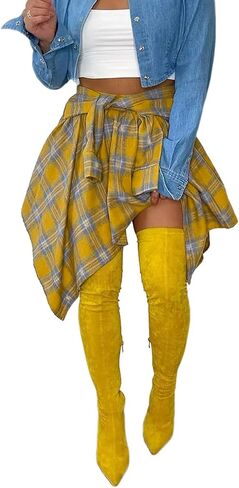 ALLUMK Women Casual Plaid Print Irregular Hem Mini Skirts High Waist A-Line Skirts with Belt in Saudi Arabia