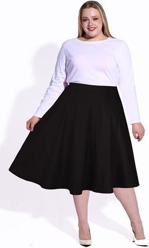 Moon Wood Women's Plus Size Midi Skirt-High Waist A-Line Pockets Flared Skater Skirts in Saudi Arabia