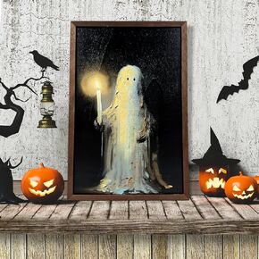 Halloween Decorations Wall Art Prints Ghost Holding A Candle Wooden Halloween Wall Art Framed Vintage Halloween Ghost Painting Decor Aesthetic Pictures Wall Decor for Bedroom (Including Wooden Frame)