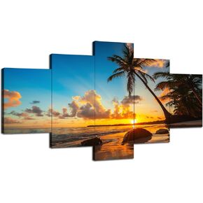 Hawaii Beach Poster, Beach Scene Wall Art, Hawaii Canvas Print, 60x32 inches, Tropical Beach Coastal Landscape Picture Frame, Beach Sunset Painting, Office Home Decoration