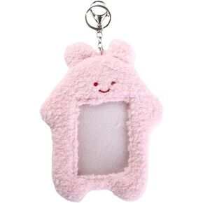Pink Cute Plush Photocard Holder with Keychain, Cartoon Bear Rabbit Cat Photo Sleeve Cartoon Plush Photo Sleeve Protective Case Photo Albums, Cute photocard holder Frames and Accessories(ZS625)