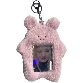 1Pc Cute Plush Photocard Holder with Keychain, Cartoon Bear Rabbit Cat Photo Sleeve Cartoon Plush Photo Sleeve Protective Case Photo Albums, Cute photocard Holder Frames and Accessories(Pink)