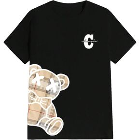 SHENHE Men's Graphic Tee Crew Neck Short Sleeve Plaid Bear Print Summer T Shirt Top