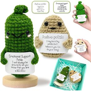 CrazyHome Positive Potato, Emotional Support Pickle Combo | Handmade Crochet Positive Vegetables 2PCS Set - Potato, Mini Cucumbers | Cheer-Up, Motivational, Funny Desk Décor