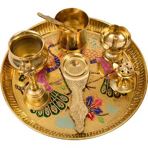 Traditional Handcrafted Brass Puja | Pooja Thali | Arati | Arathi | Arthi | Arti | Arathi | Bartan Thambulam Plate Set For Several Occasions Like – Diwali Gift Peacock Ppset, Standard, Yellow
