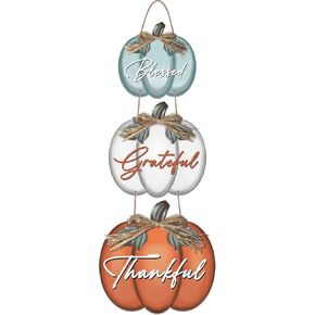 3 Pieces Pumpkin Decor Grateful Thankful Blessed Wall Signs,Rustic Hanging Welcome Door Sign for Autumn Harvest Thanksgiving Halloween Door Wall Decoration Indoor Outdoor Fall Decor for Home