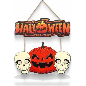 Halloween Hanging Door Sign, Happy Halloween Wooden Sign, Front Door Hanger Decor, Spooky Halloween Pumpkin Skull Sign, Indoor Outdoor Yard Wall Plaque Halloween Party Decorations