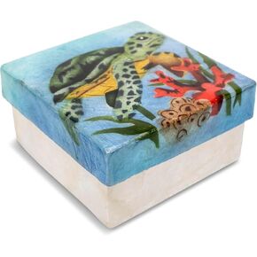 Cottage Garden Hand Painted Iridescent Capiz Shell Square 4 inch Keepsake Decorative Memory Trinket Jewelry Ring Earring Necklace Organizer Vintage Box with Lid, Brown Green Sea Turtle