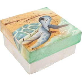 Cottage Garden Hand Painted Iridescent Capiz Shell Square 4 inch Keepsake Decorative Memory Trinket Jewelry Ring Earring Necklace Organizer Vintage Box with Lid, Brown Green Sea Turtle